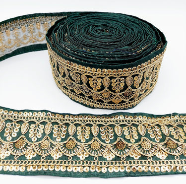 Dark Green Gold Embroidered Lace Trim Sequins Trim 9 Yard Decorative Sari Border Costume Ribbon Crafting Sewing Tape